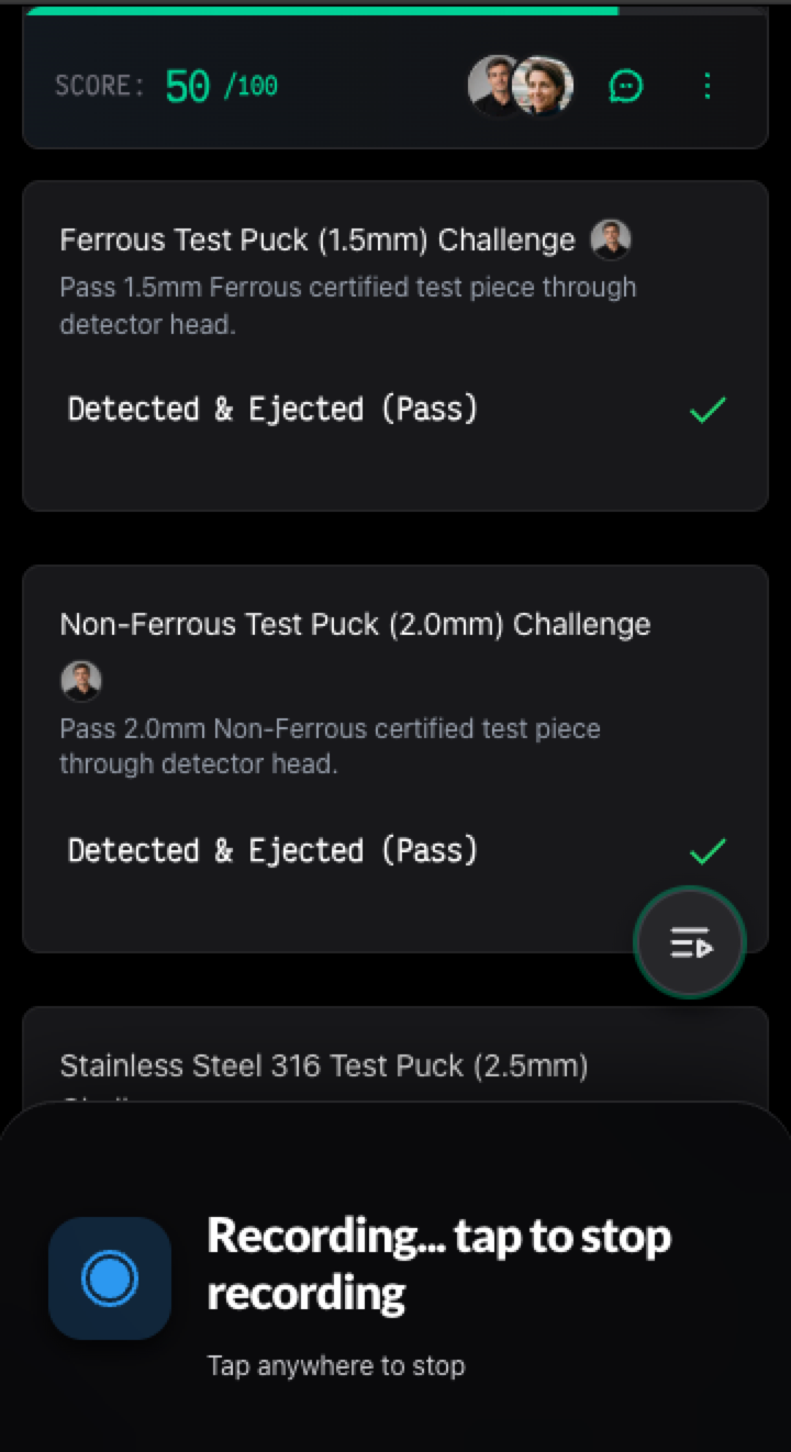 TraceTrack Frontline Voice Execution Recording Screen TraceTrack Hands-Free Voice Run Recording in Mobile App